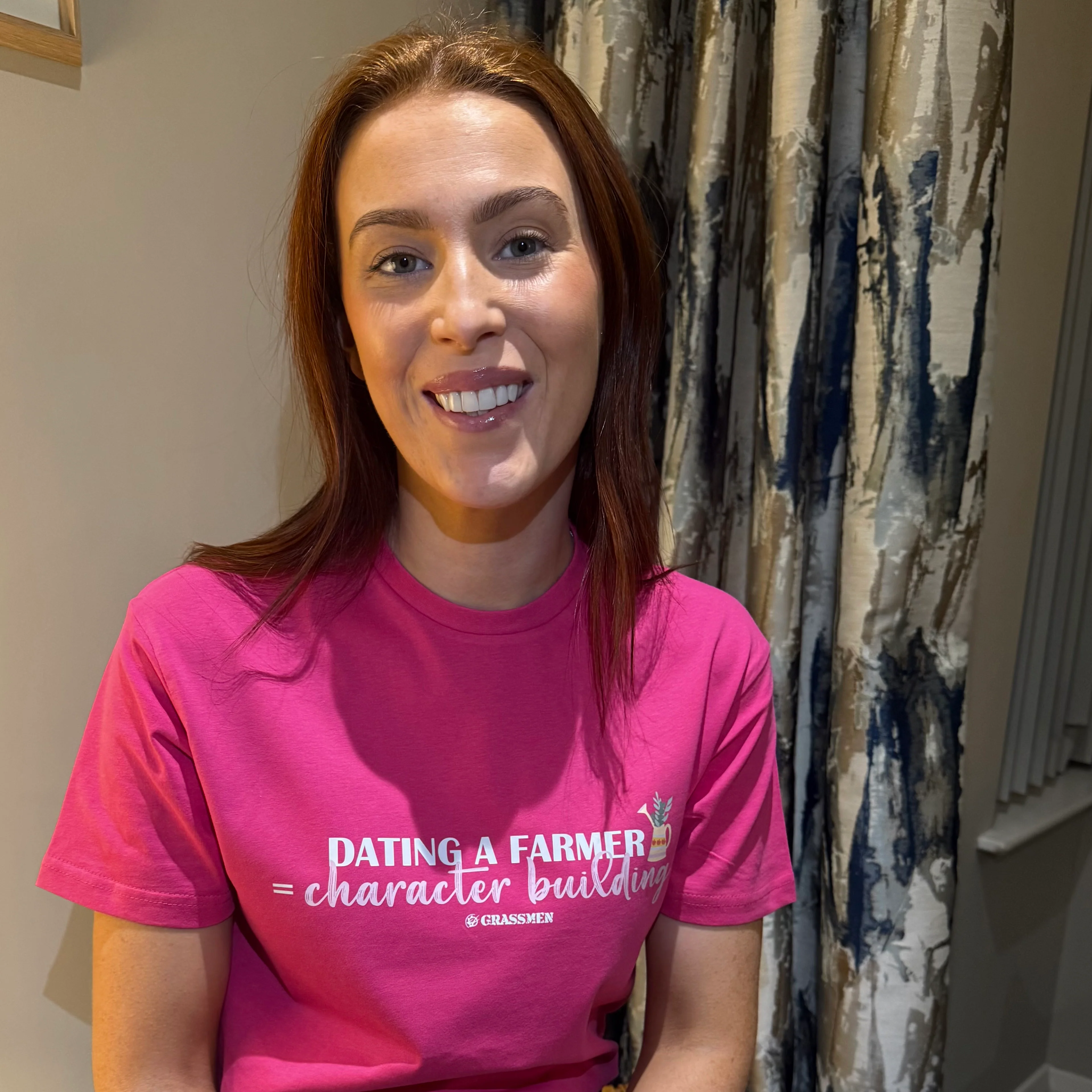 "Dating A Farmer = Character Building" Novelty Adults Pink T-Shirt - Image 2