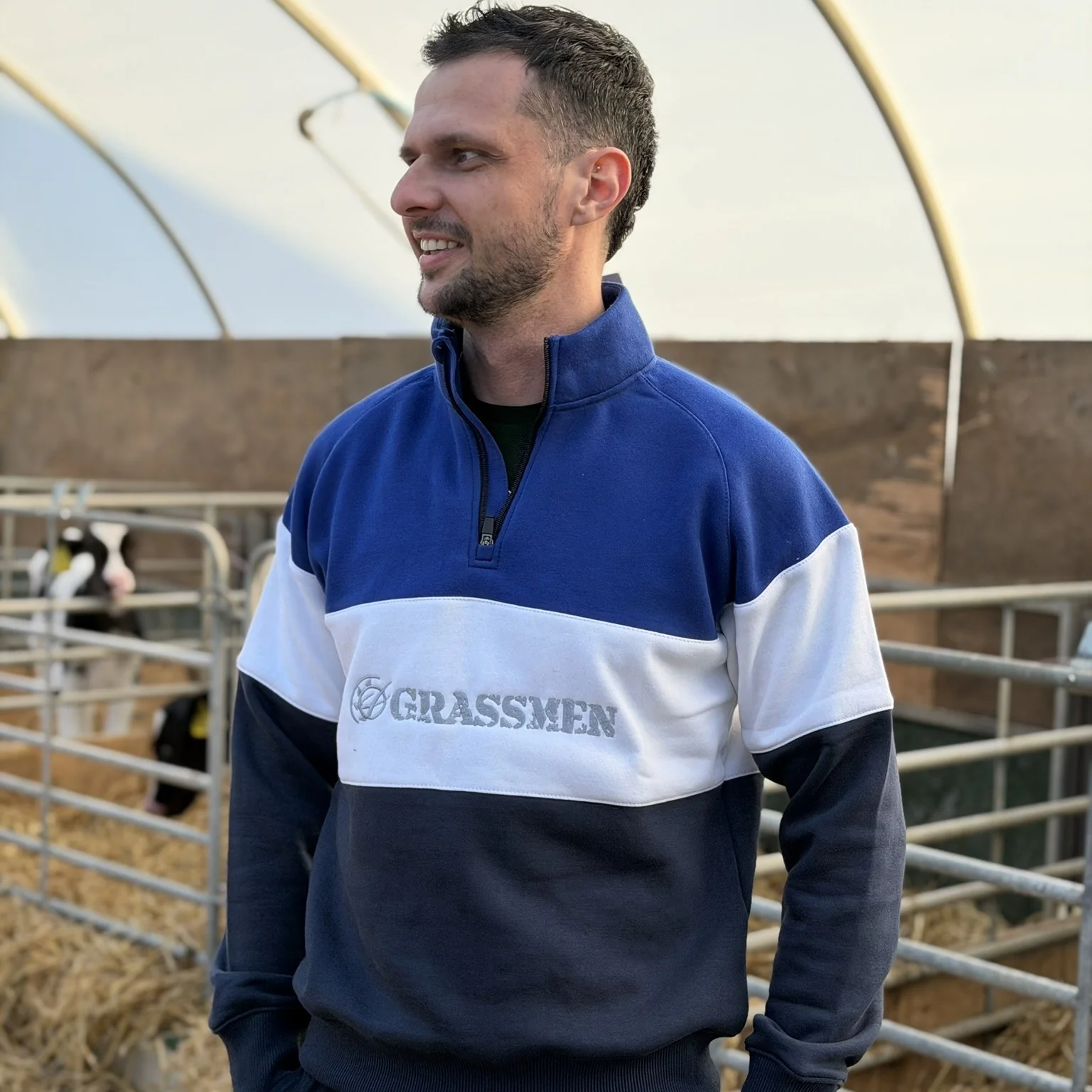 GRASSMEN Blue, White & Navy - Adults Unisex Cotton Quarter Zip - Image 2