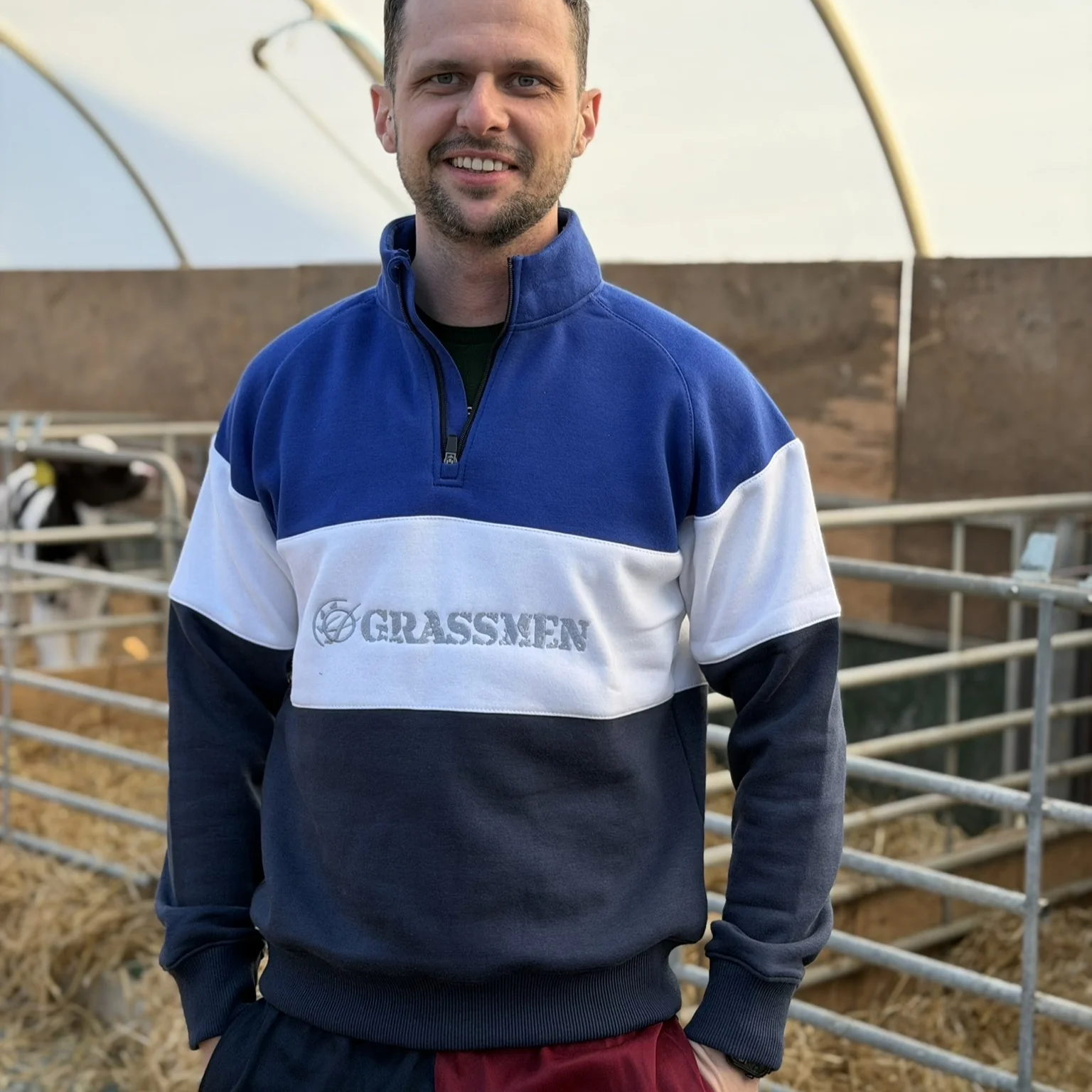 GRASSMEN Blue, White & Navy - Adults Unisex Cotton Quarter Zip - Image 3