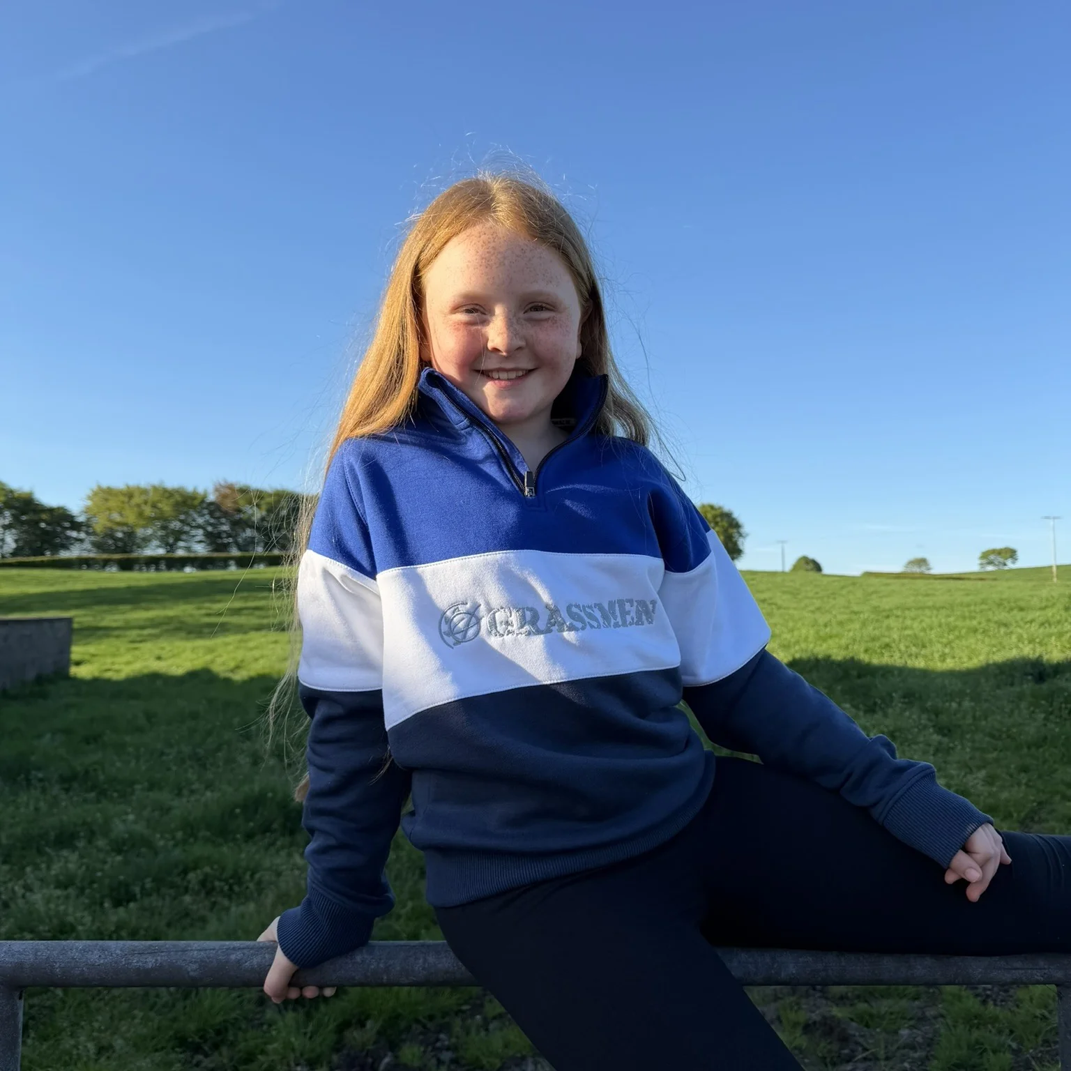 GRASSMEN Blue, White & Navy  - Kids Unisex Cotton Quarter Zip - Image 3
