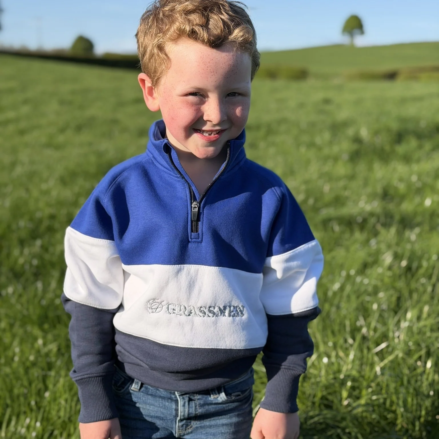 GRASSMEN Blue, White & Navy  - Kids Unisex Cotton Quarter Zip - Image 8