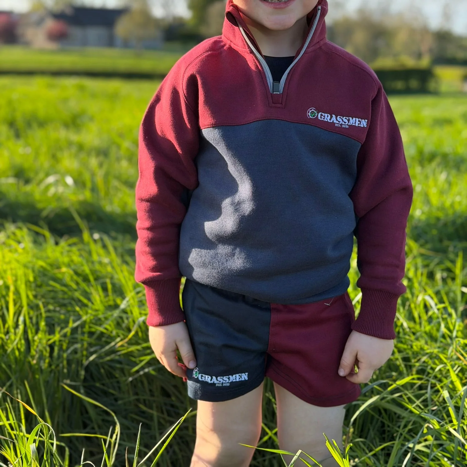 GRASSMEN Burgundy & Navy - Kids Unisex Harlequin Two Toned Shorts - Image 3