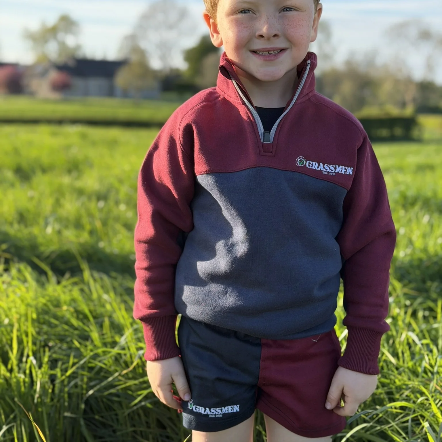 GRASSMEN Burgundy, Navy & White - Kids Unisex Cotton Quarter Zip - Image 5