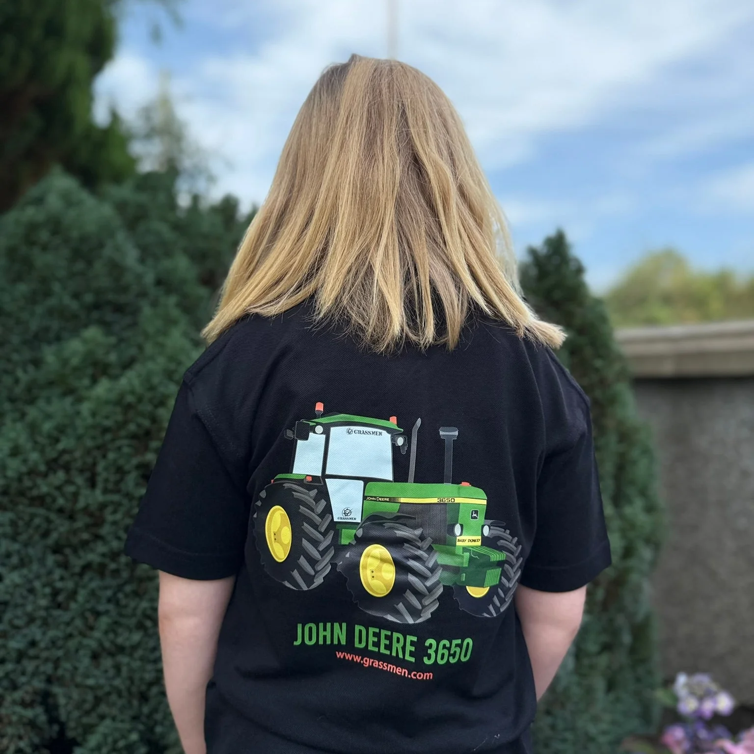"GRASSMEN" John Deere 3650 Baby Donkey" Kids Black Polo Shirt - Image 4