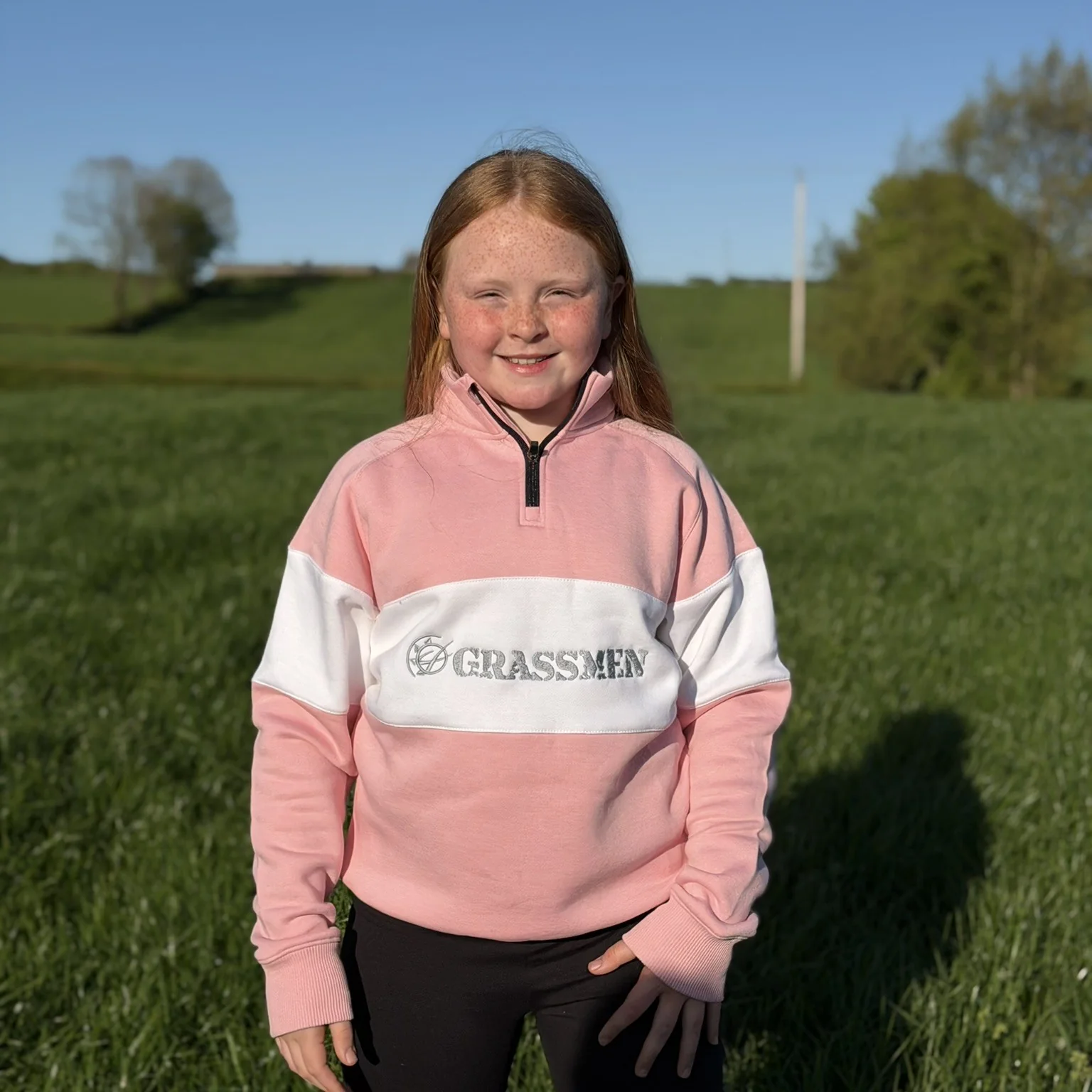 GRASSMEN Pink & White - Kids Unisex Cotton Quarter Zip - Image 4
