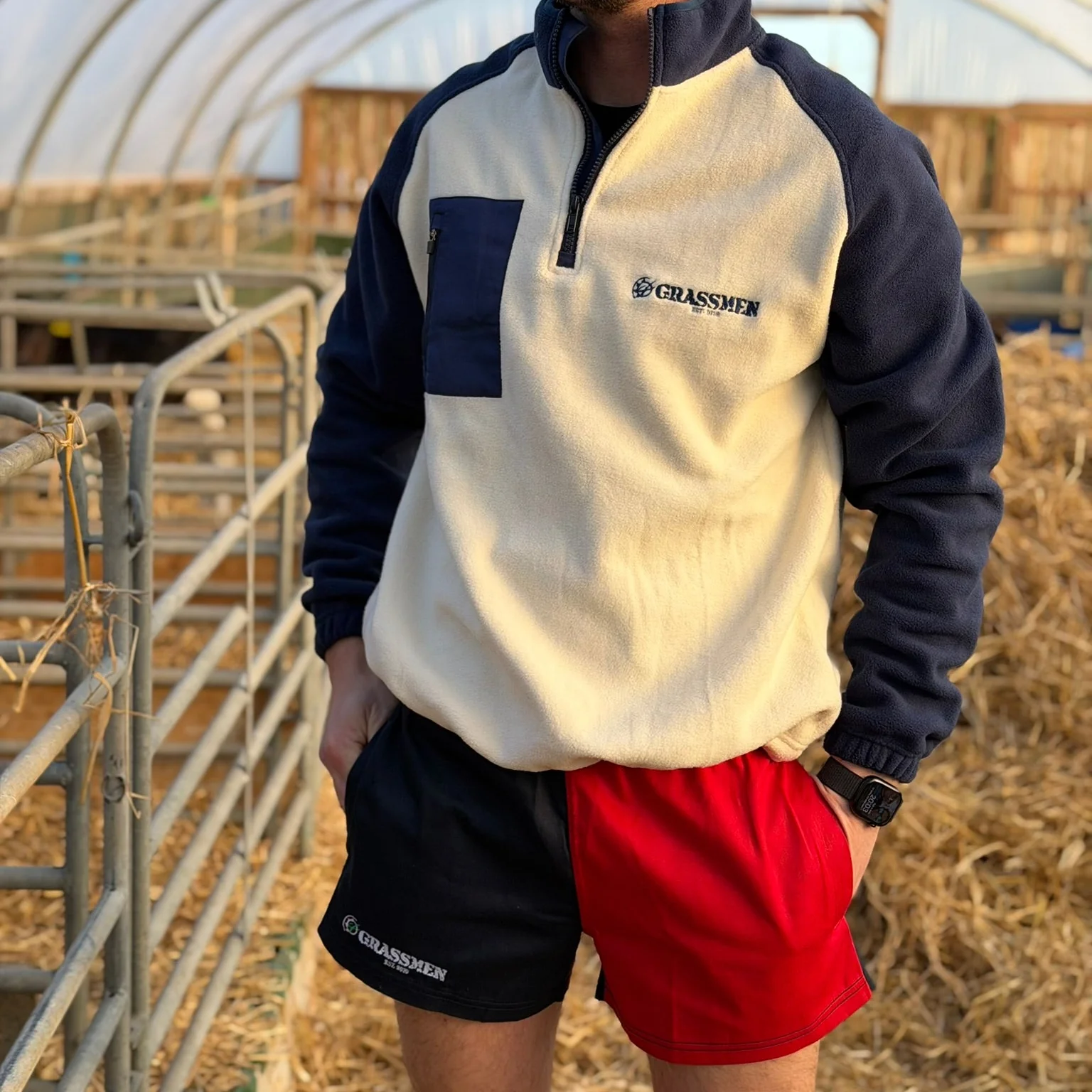 GRASSMEN Red & Navy - Adults Unisex Harlequin Two Toned Shorts - Image 3